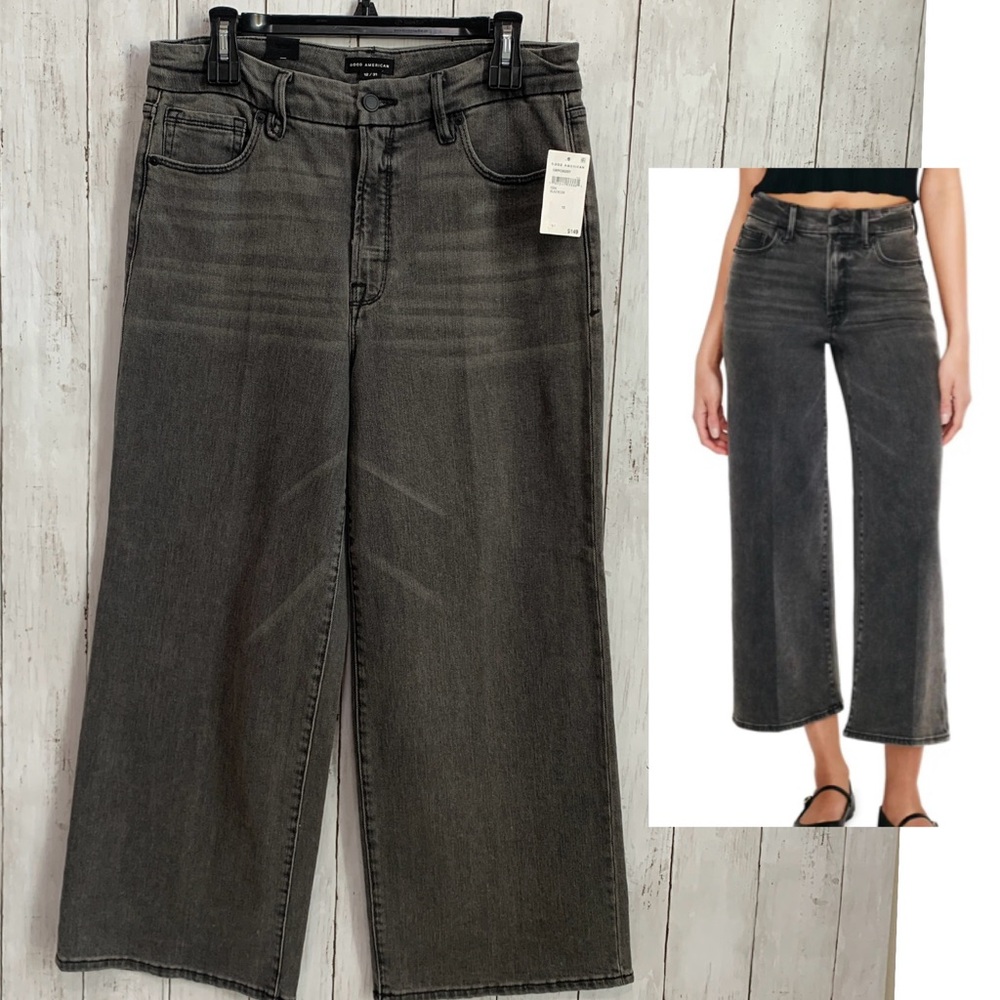 Good American Good Waist High Rise Wide Leg Palazzo Crop Black Wash Jeans 12/31